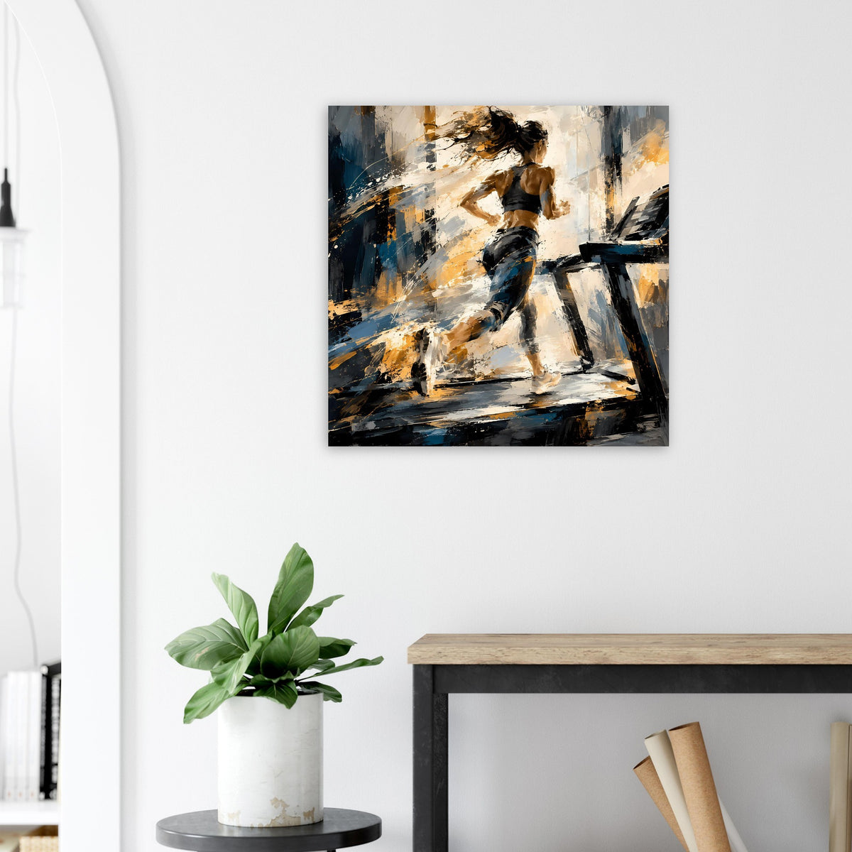 Quadratisches Kunstposter mit abstrakter Bewegungsszene, Läuferfigur in Schwarz und Gold