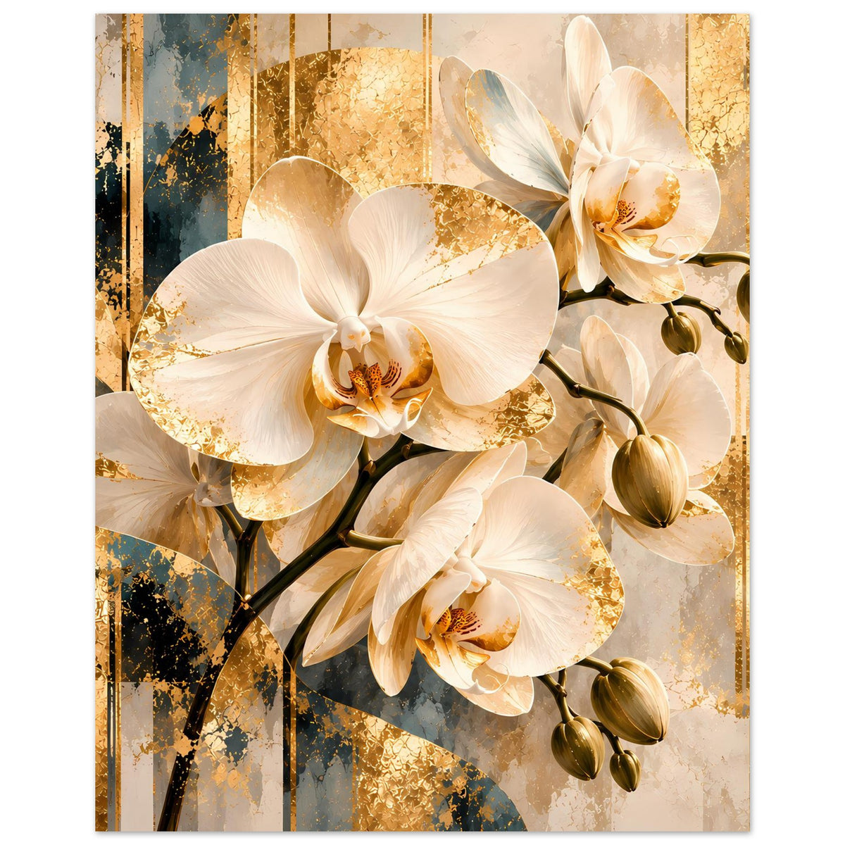 Orchideen-Wandposter, zentrale weiße Orchideenblüten mit goldenen Sprenkeln und Zweigen.