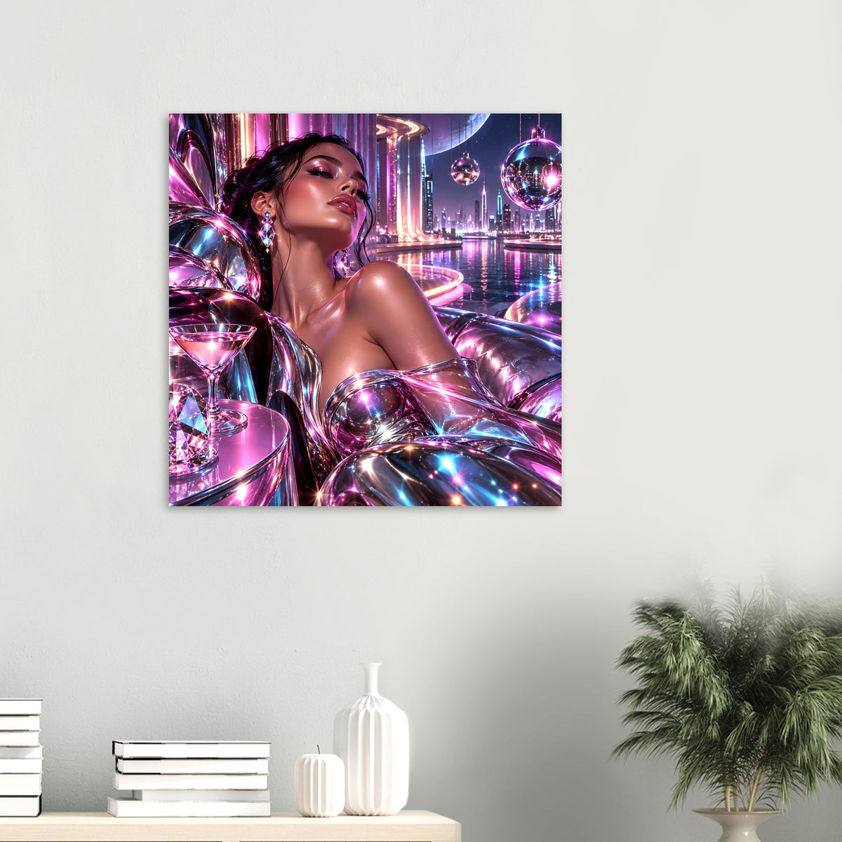 Neon-Poster im Querformat: Frau in schimmerndem Outfit mit leuchtenden Kugeln und Skyline
