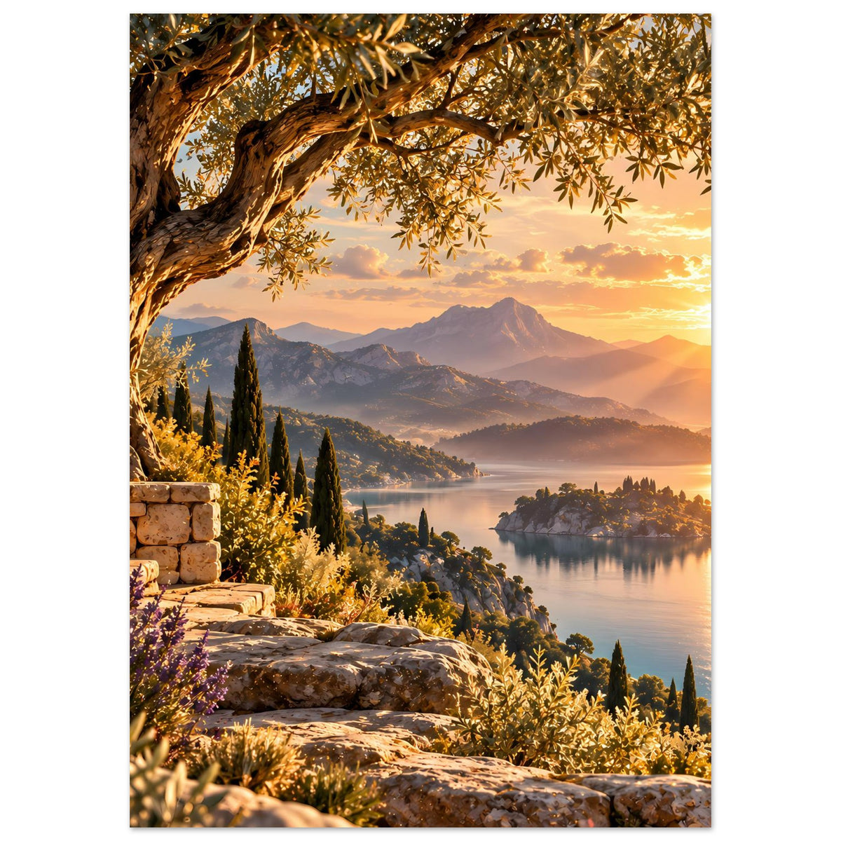 Vertikales Poster mit mediterraner Landschaft, Sonnenuntergang, Seeufer und Steinstufen