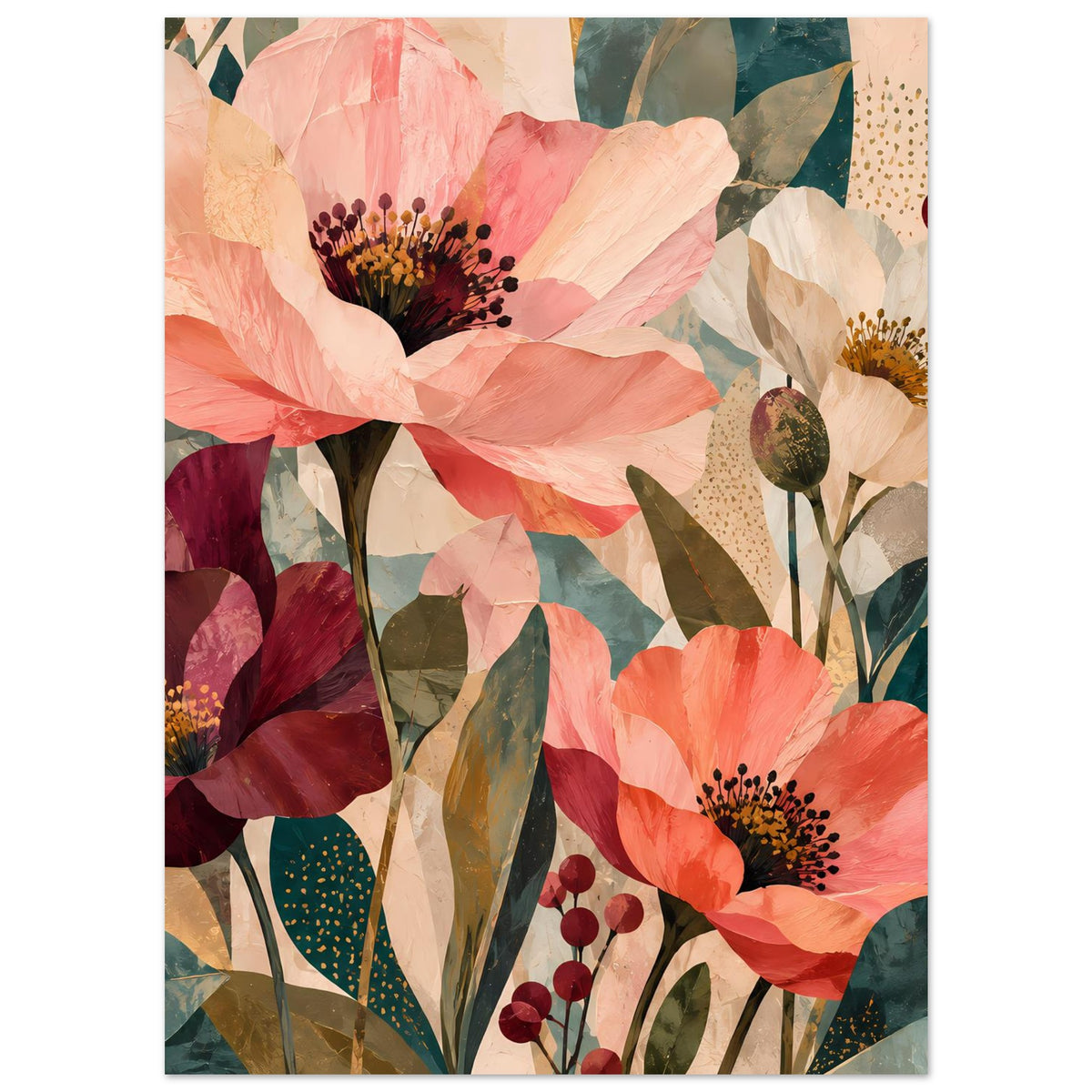 Blumenposter mit Korallenblüten und dunklen Staubkernen, Akzenten in Burgunder und Grün