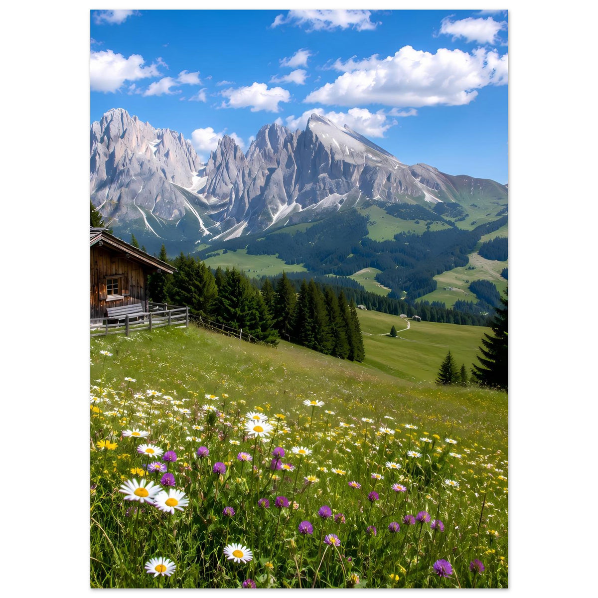 Landschaftsposter: felsige Alpenberge, grüne Täler und Blumenfelder in der Wiese
