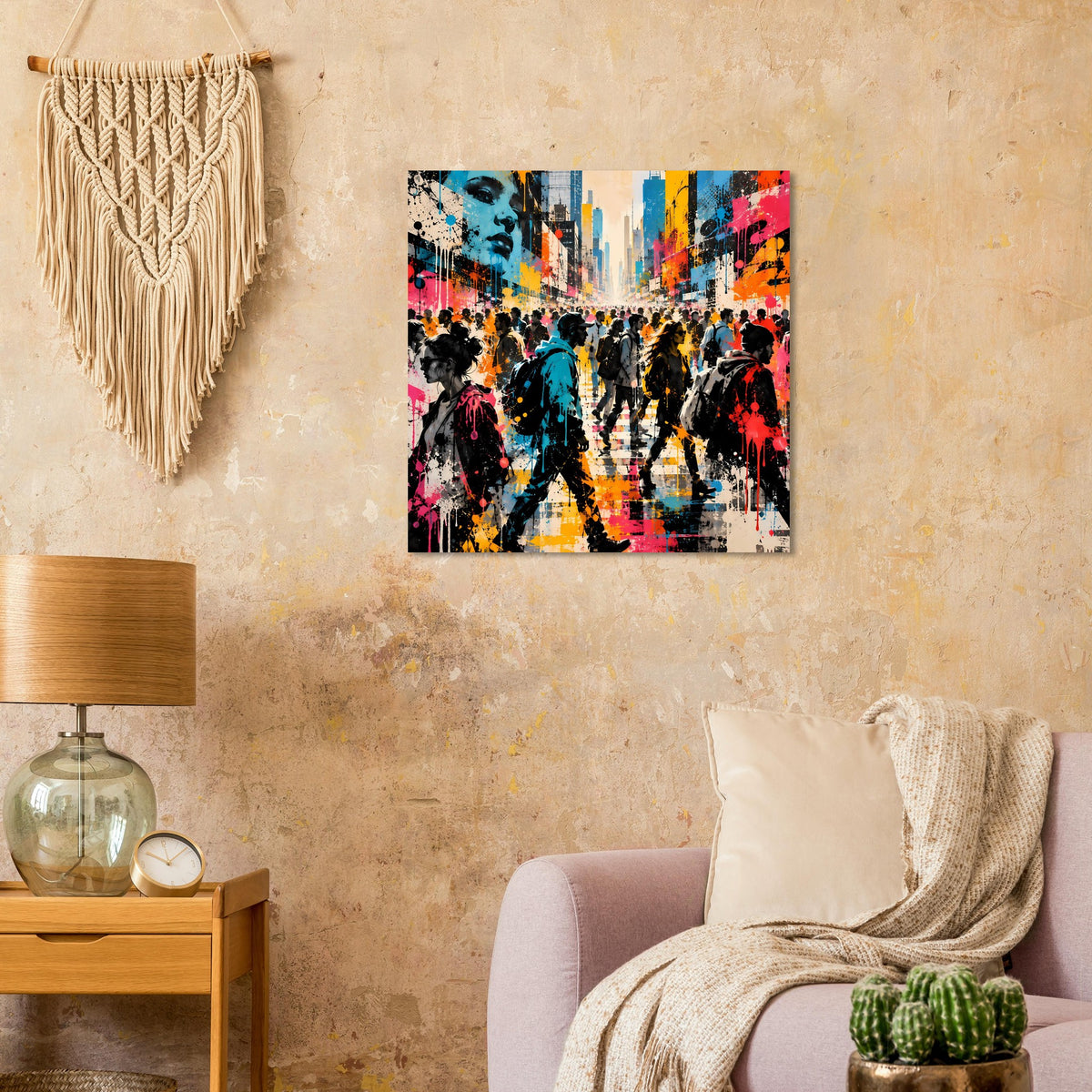 Street-Art-Poster mit Menschenmenge, kräftigem Farbkontrast in Blau, Gelb, Pink und Schwarz