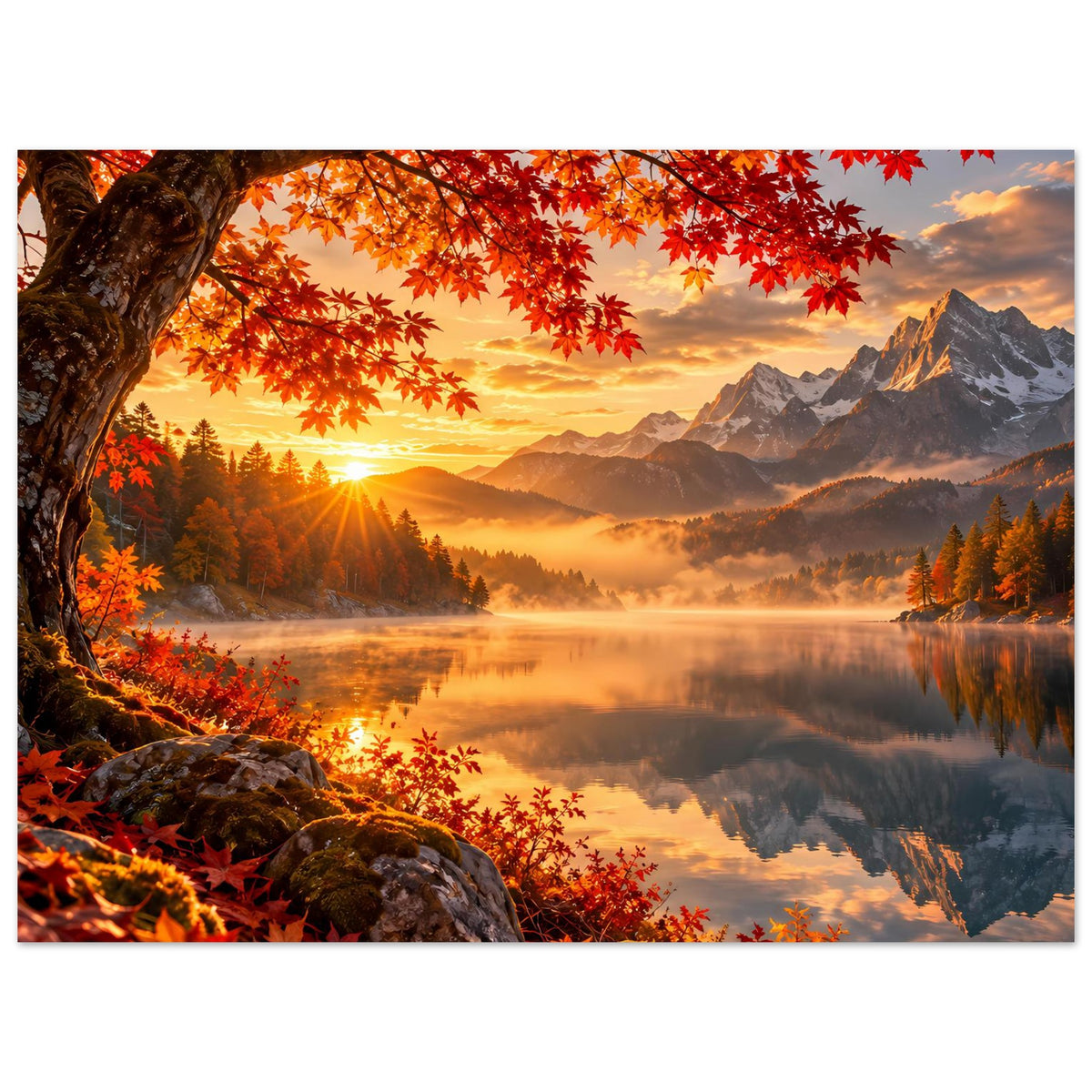 Herbstlandschaft-Poster im Querformat mit Sonnenaufgang, Bergpanorama, Nebel und roten Blättern