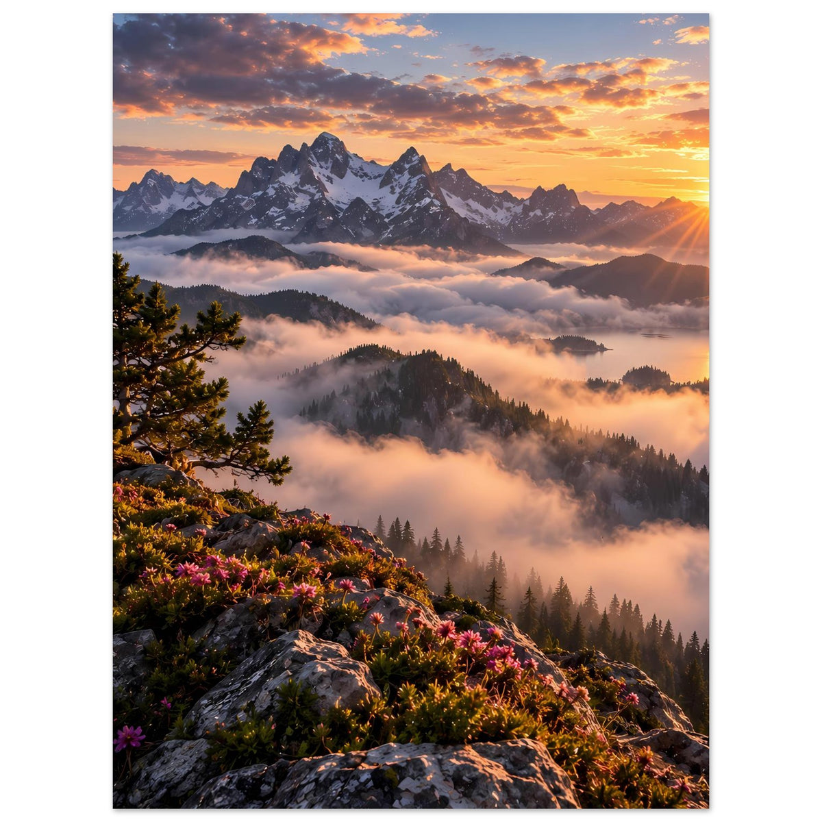 Poster im Hochformat mit Sonnenaufgang, felsigem Hang, Blüten, Nebel und Bergen