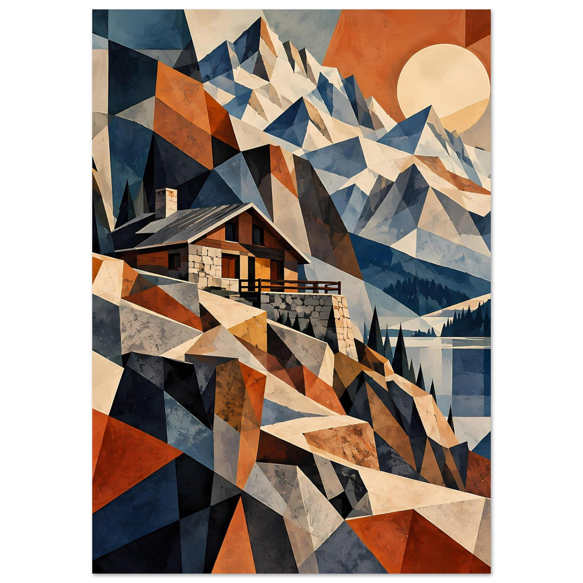 Poster mit geometrischer Berglandschaft, Haus im Vordergrund, dreieckige Muster in Blau und Rostrot