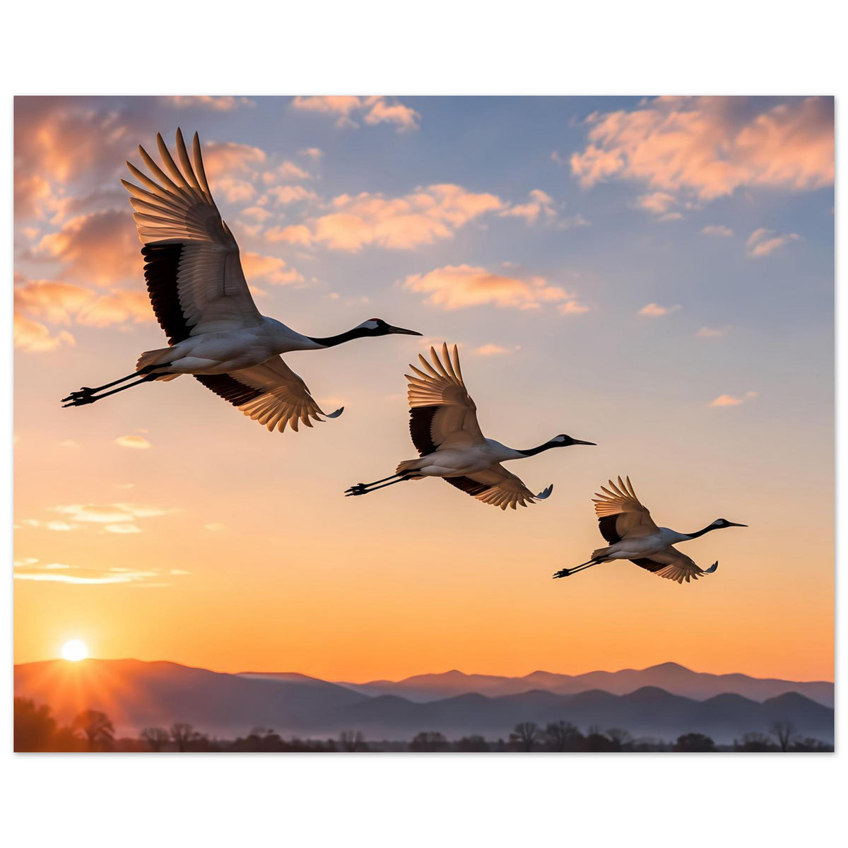 Poster mit fliegenden Kranichen im Sonnenuntergang, Sonne links am Horizont