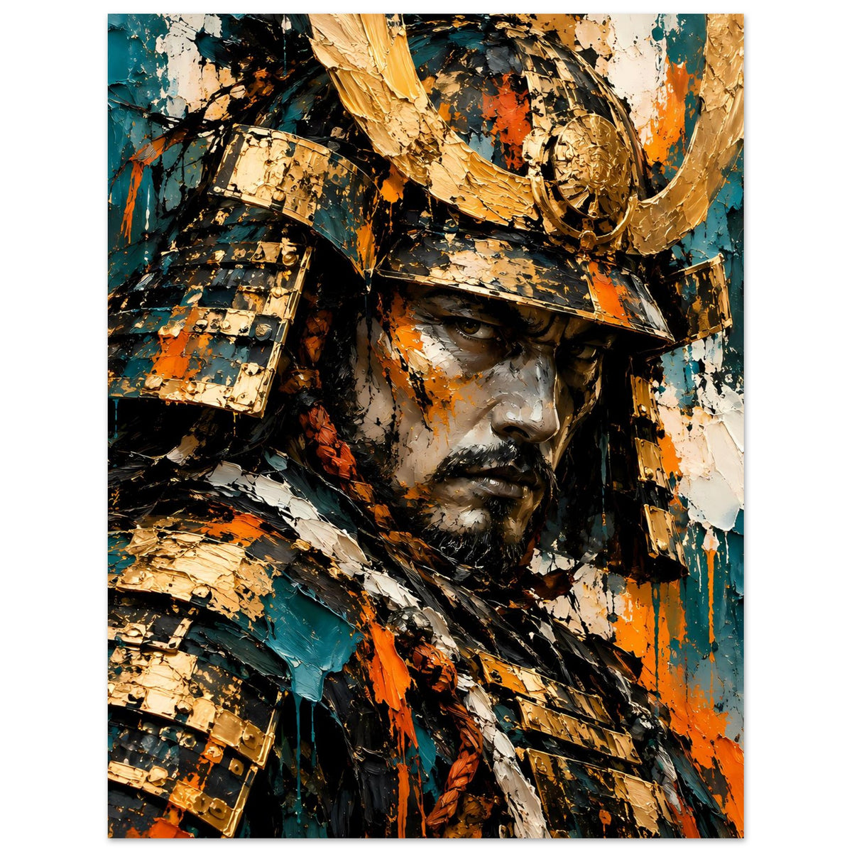 Samurai-Krieger Poster, Kopf- und Schulteransicht mit goldenen Platten und Teal-Akzenten
