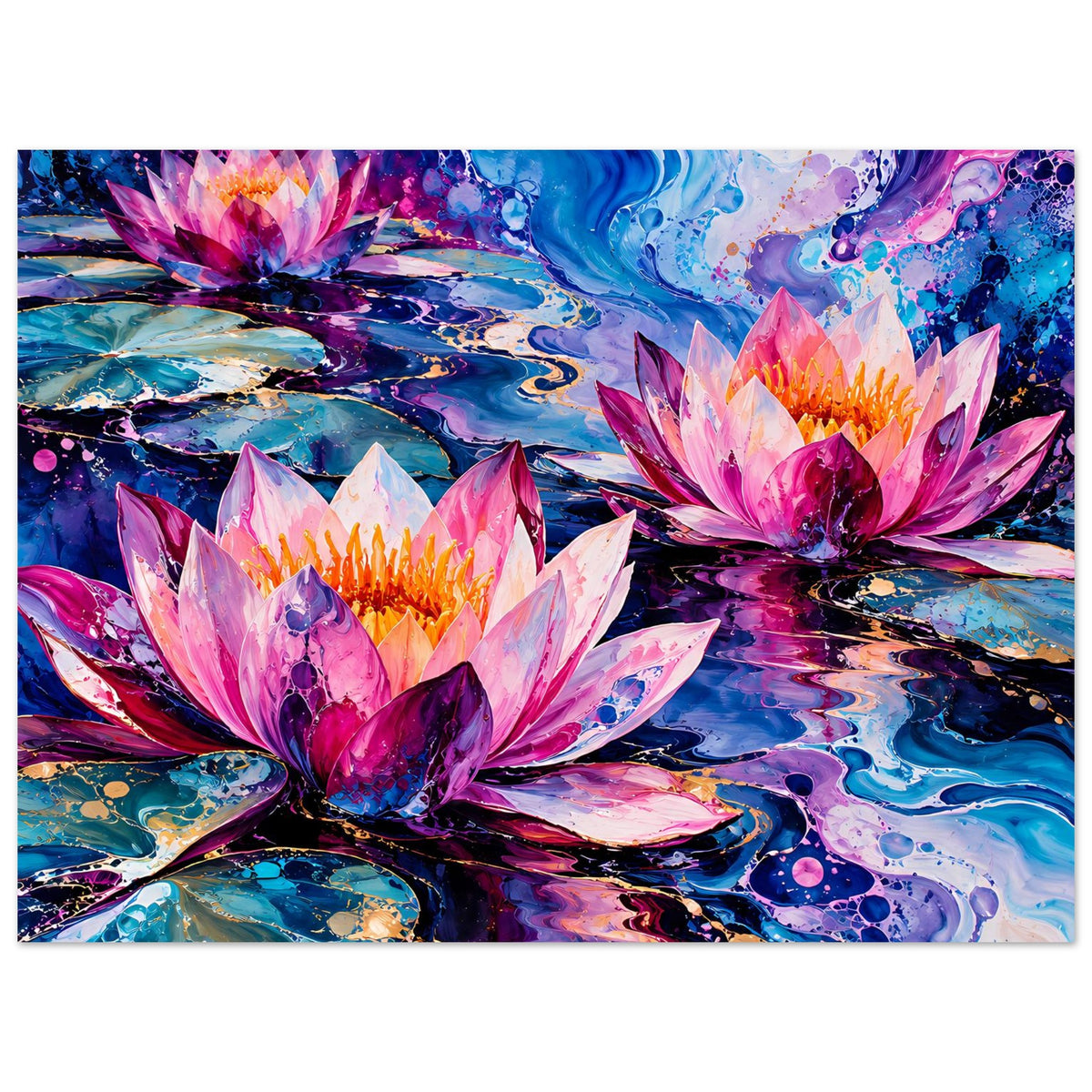 Blumenposter mit abstrakten Seerosen in Pink, Blau und Violett, rechteckiger Nahblick