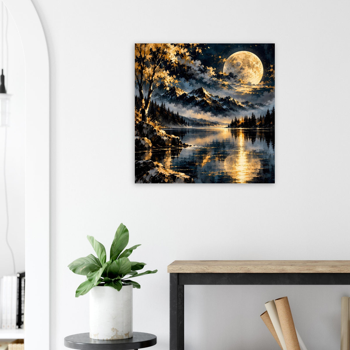 Landschaftsposter im schwarzen Rahmen: Vollmond spiegelt sich im See, Berge und Nadelwälder
