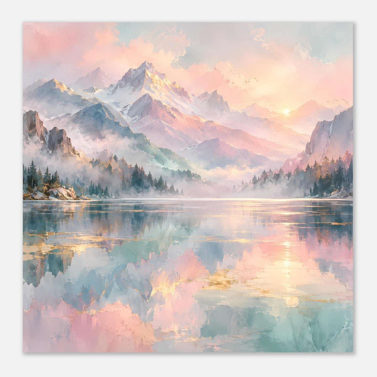 Pastell-Bergposter mit See und Spiegelung, vertikal