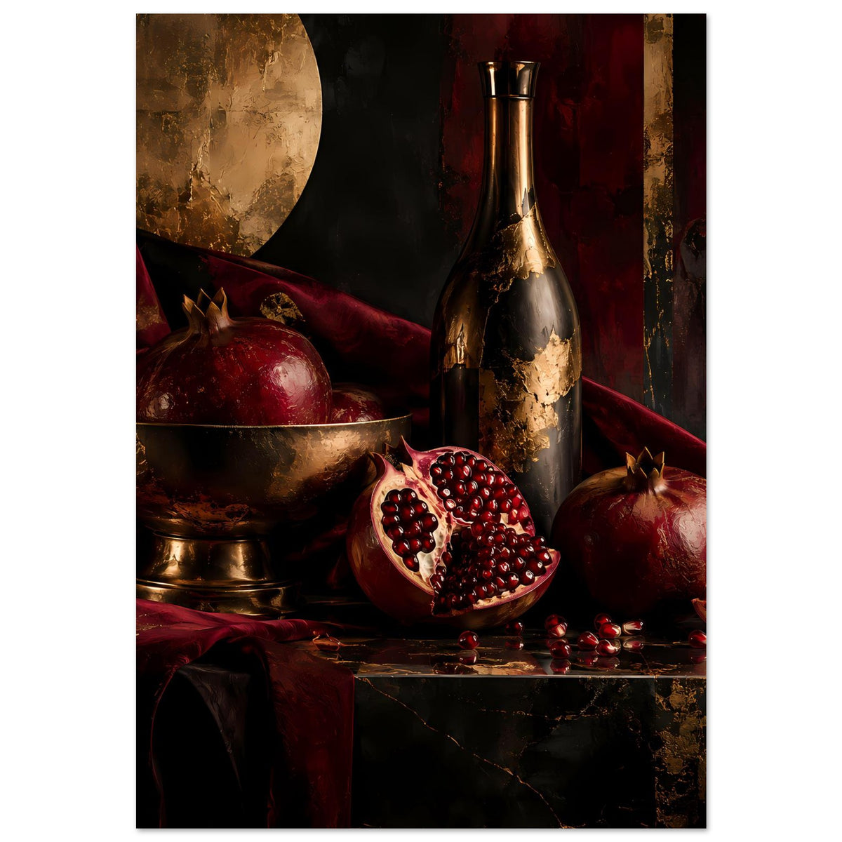 Stillleben-Poster im Hochformat mit Granatäpfeln, goldener Schale und Flasche