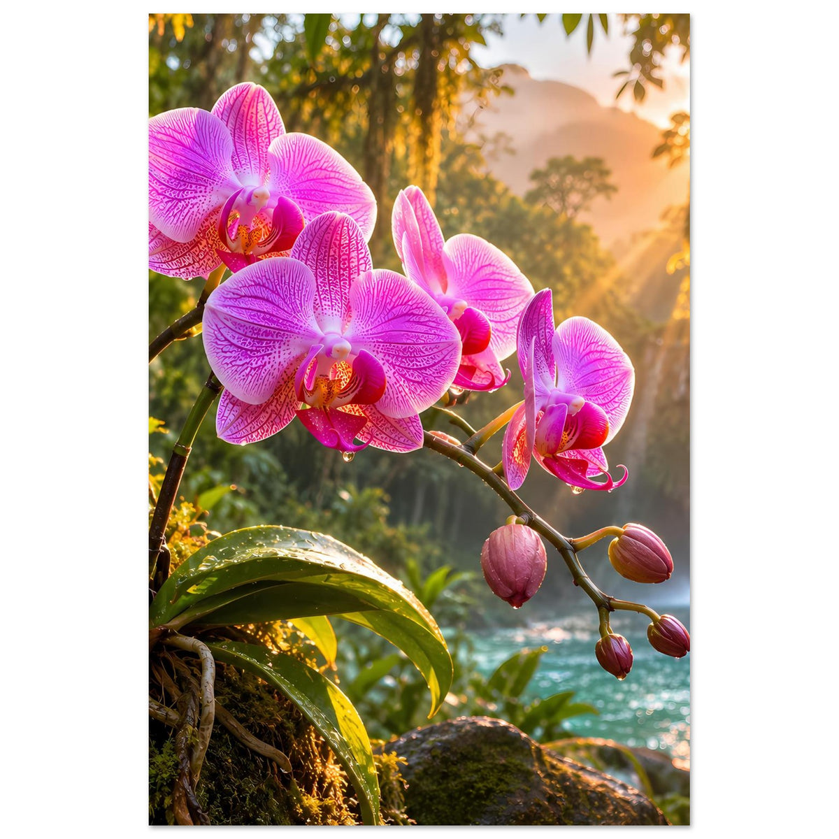 Naturposter mit großen pinken Orchideenblüten und seitlich hängenden Knospen