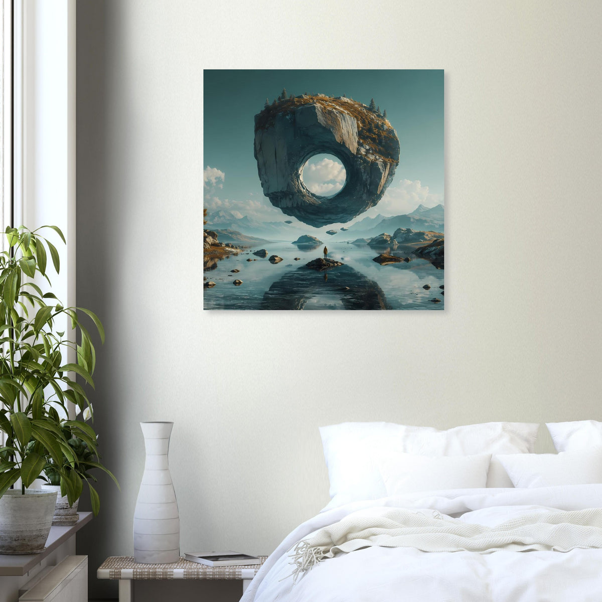 Surreales Poster mit schwebendem Felsring und rundem Loch über blauem Bergsee