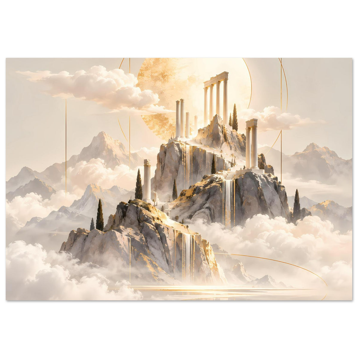 Querformatiges Poster mit Tempelsäulen auf Fels, goldener Sonnenkreis und Wolken