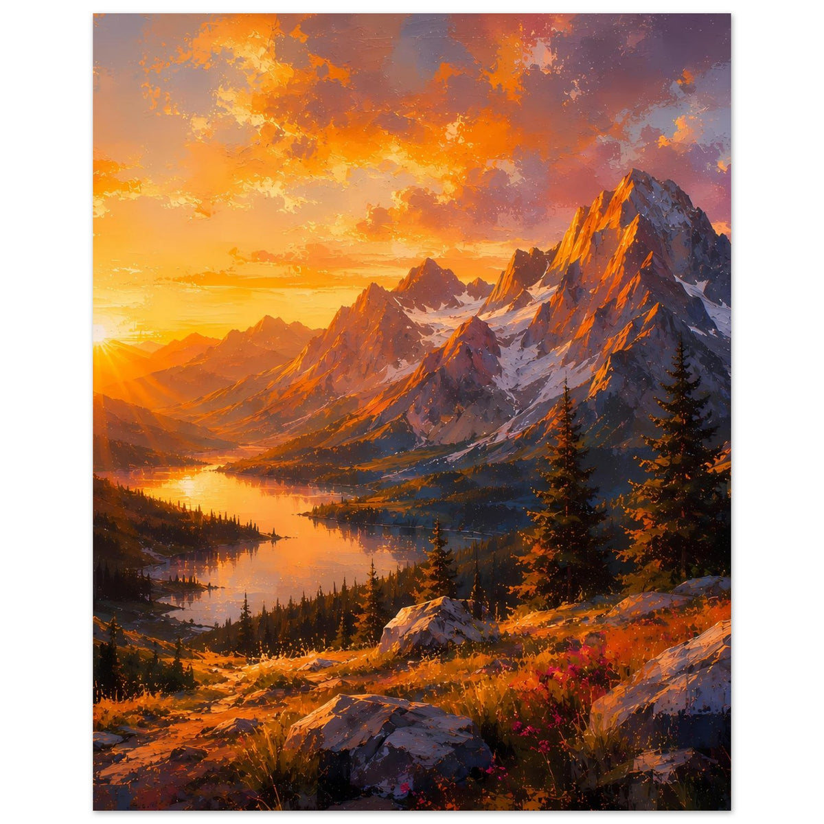 Landschaftsposter Sonne links, Berglandschaft mit spiegelndem Wasser und Tannen