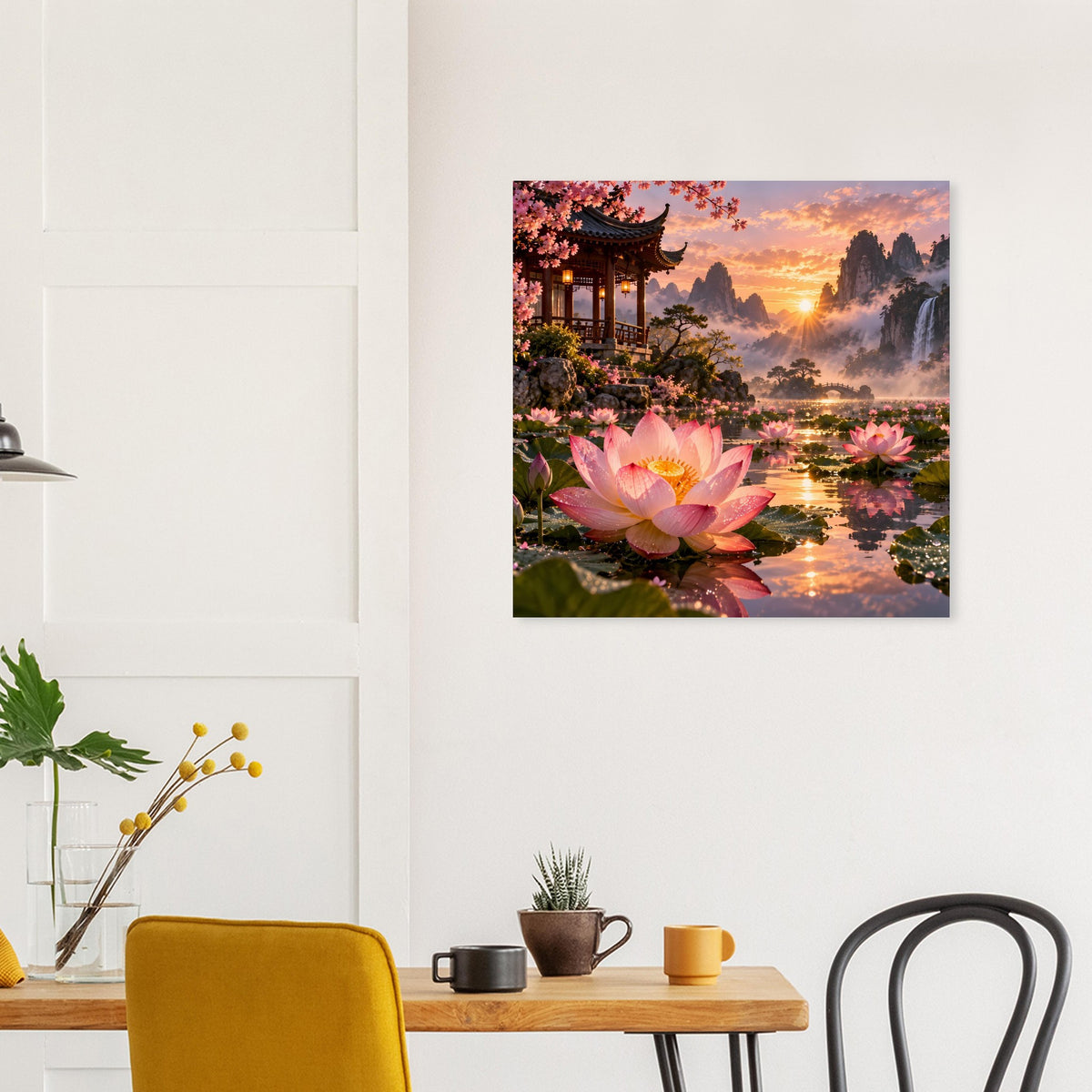Quadratisches Poster mit Lotusblüten, pagodenartigem Tempel und Sonnenaufgang über dem See
