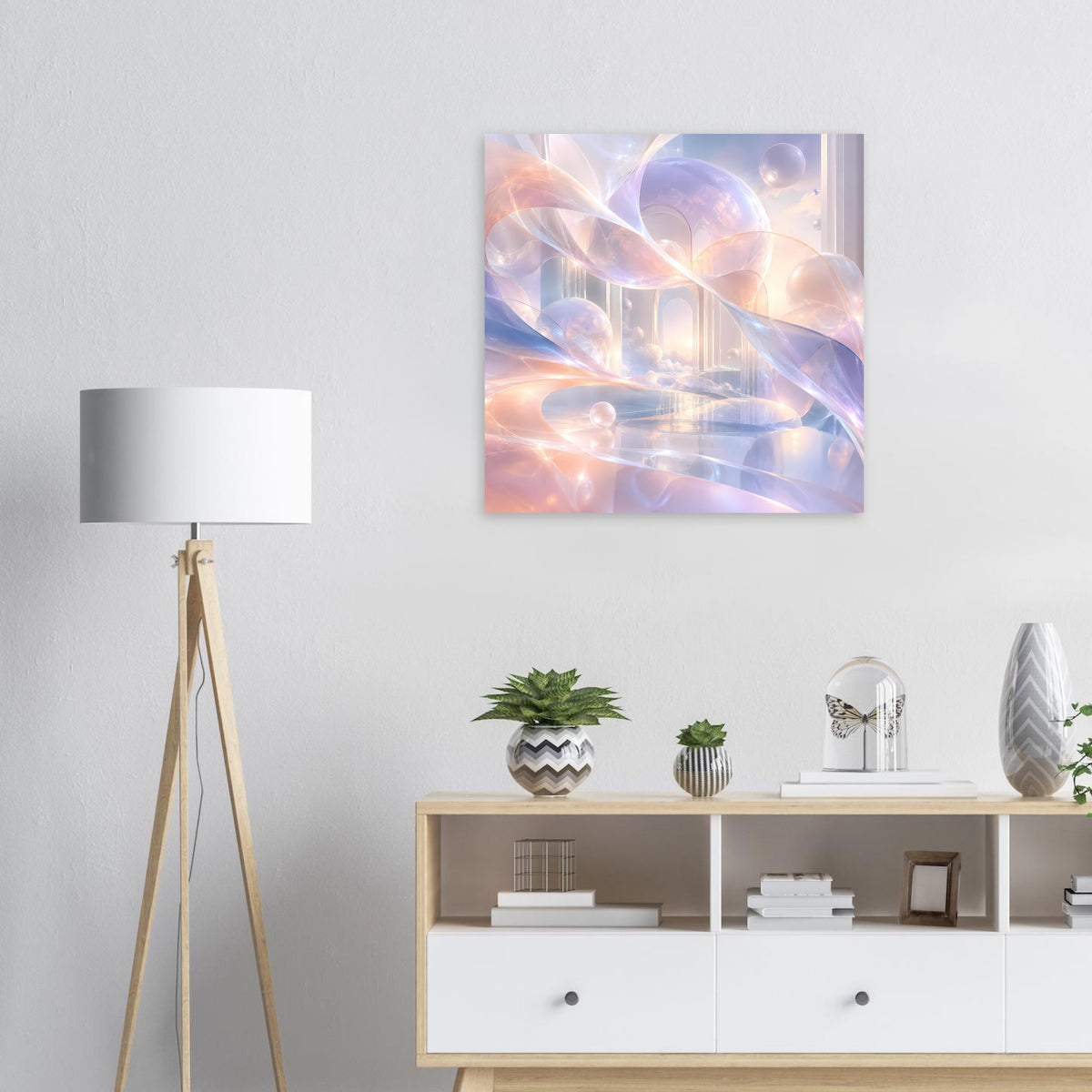 Quadratischer Kunstdruck mit pastellfarbenem, abstraktem Fantasy-Motiv in Violett und Rosa