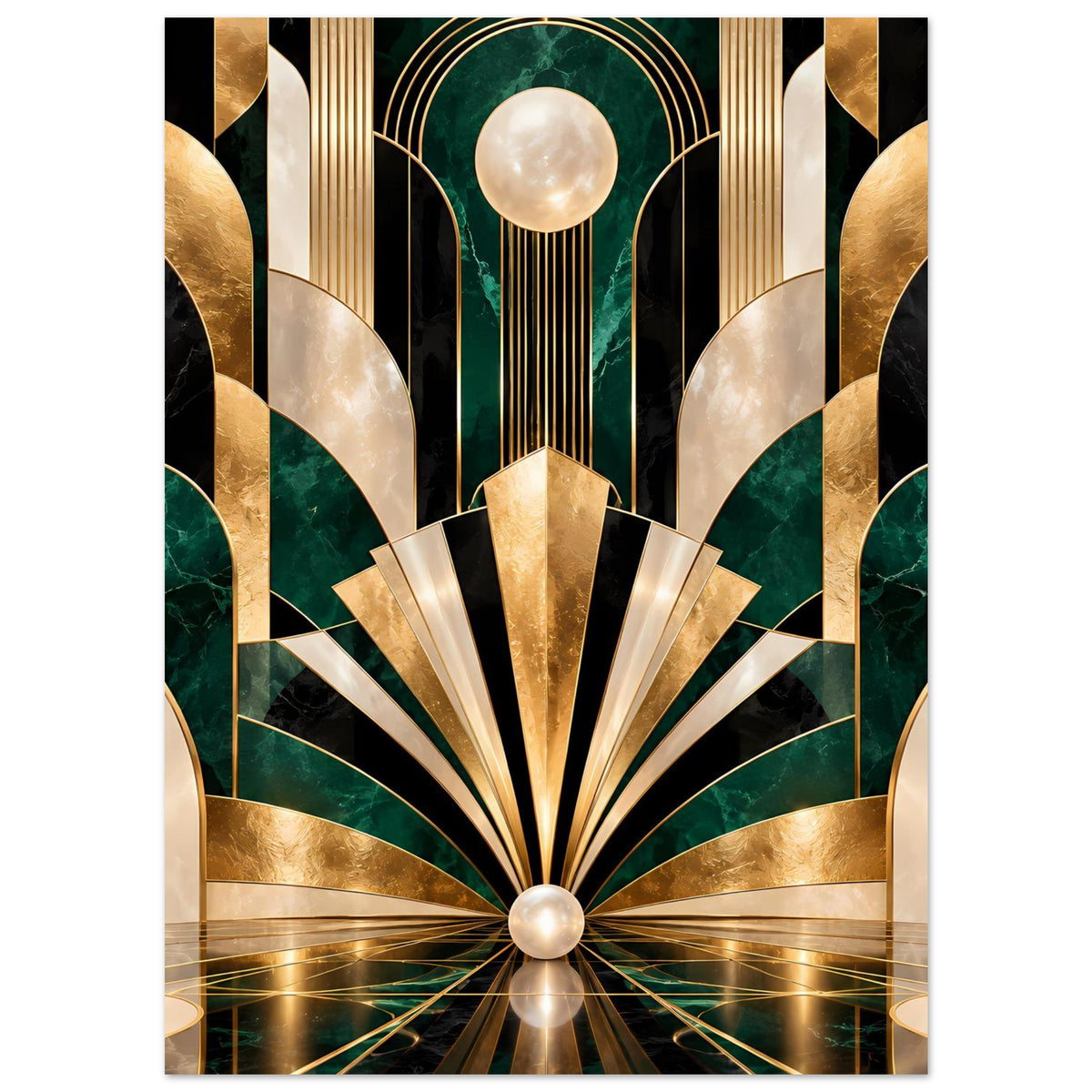 Art-Déco-Poster mit Gold-, Smaragd- und Perlmuttakzenten, vertikales Muster