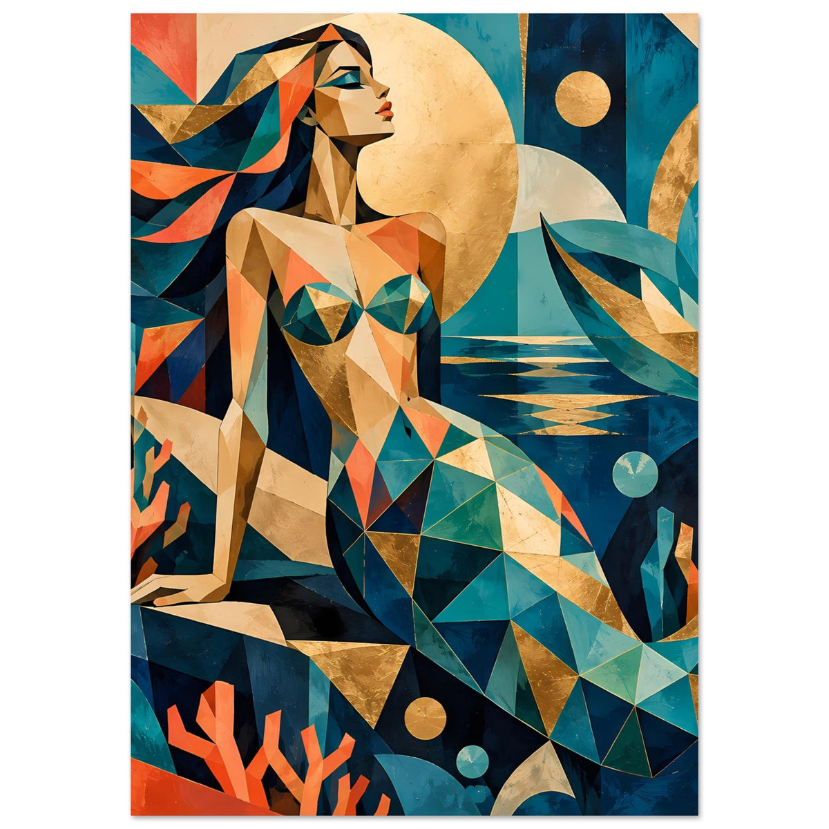 Kunstposter mit geometrischer Meerjungfrau, Türkis- und Korallflächen, Hochformat
