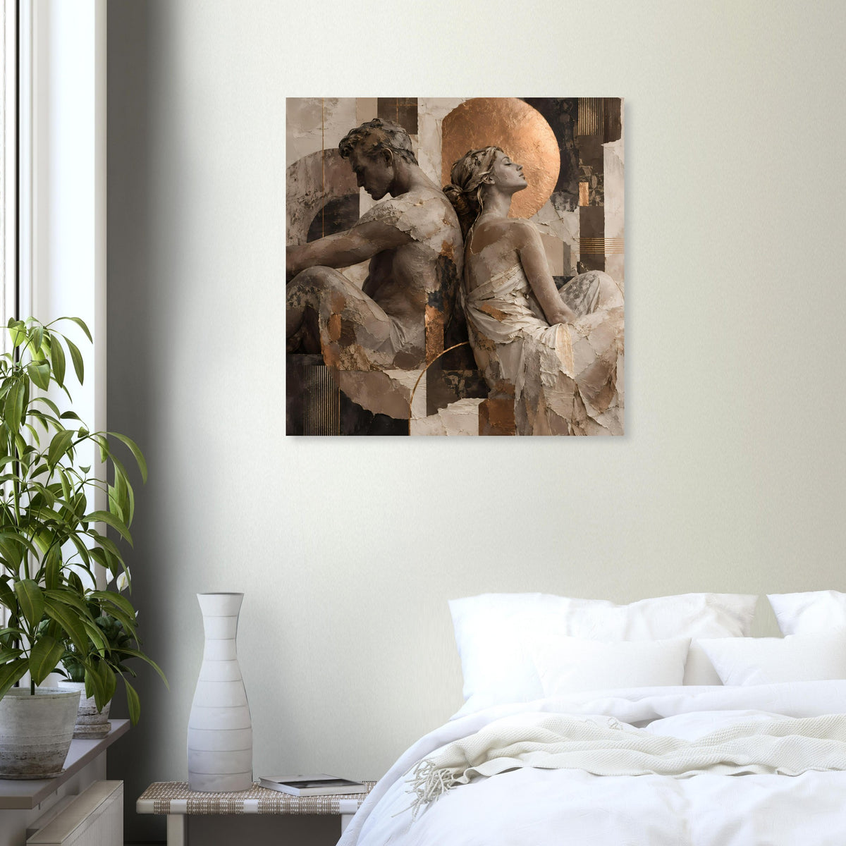 Quadratisches Kunstposter mit sitzendem Paar in warmen Erdtönen, gerahmt