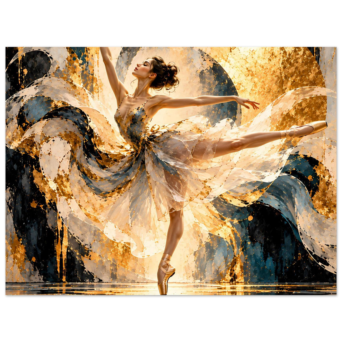 Kunstposter mit Balletttänzerin, beigem Tutu, goldenem Sprühdekor und blau-dunklem Hintergrund