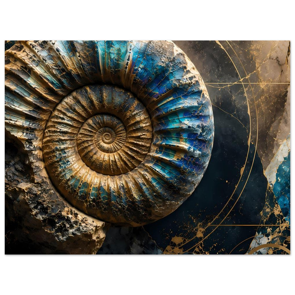 Horizontales Kunstposter mit Ammonitenfossil in Petrolblau und goldenen Kreisen