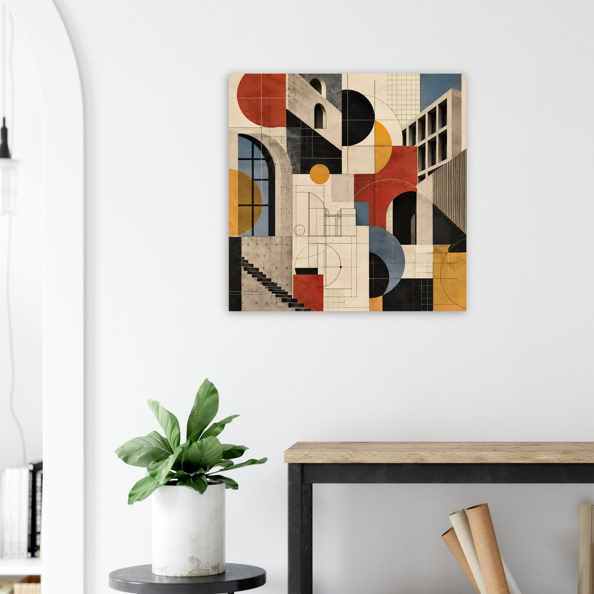 Kunstposter mit geometrischen Bauformen in Terrakotta, Schieferblau, Schwarz und Beige