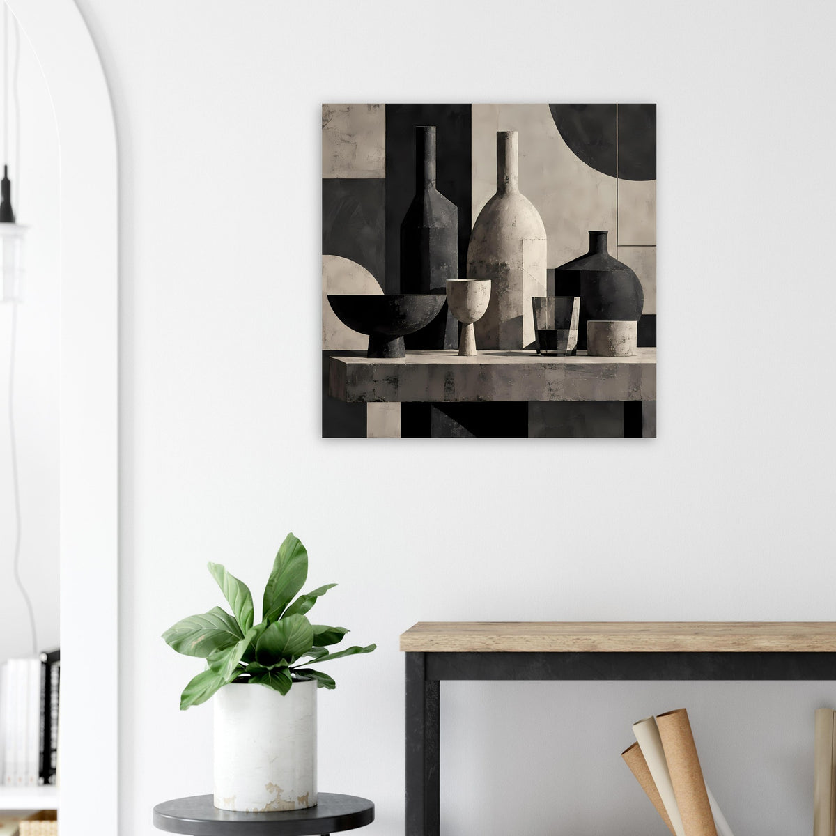 Monochromes Still-Life-Poster mit Vasen, Schalen und geometrischen Segmenten
