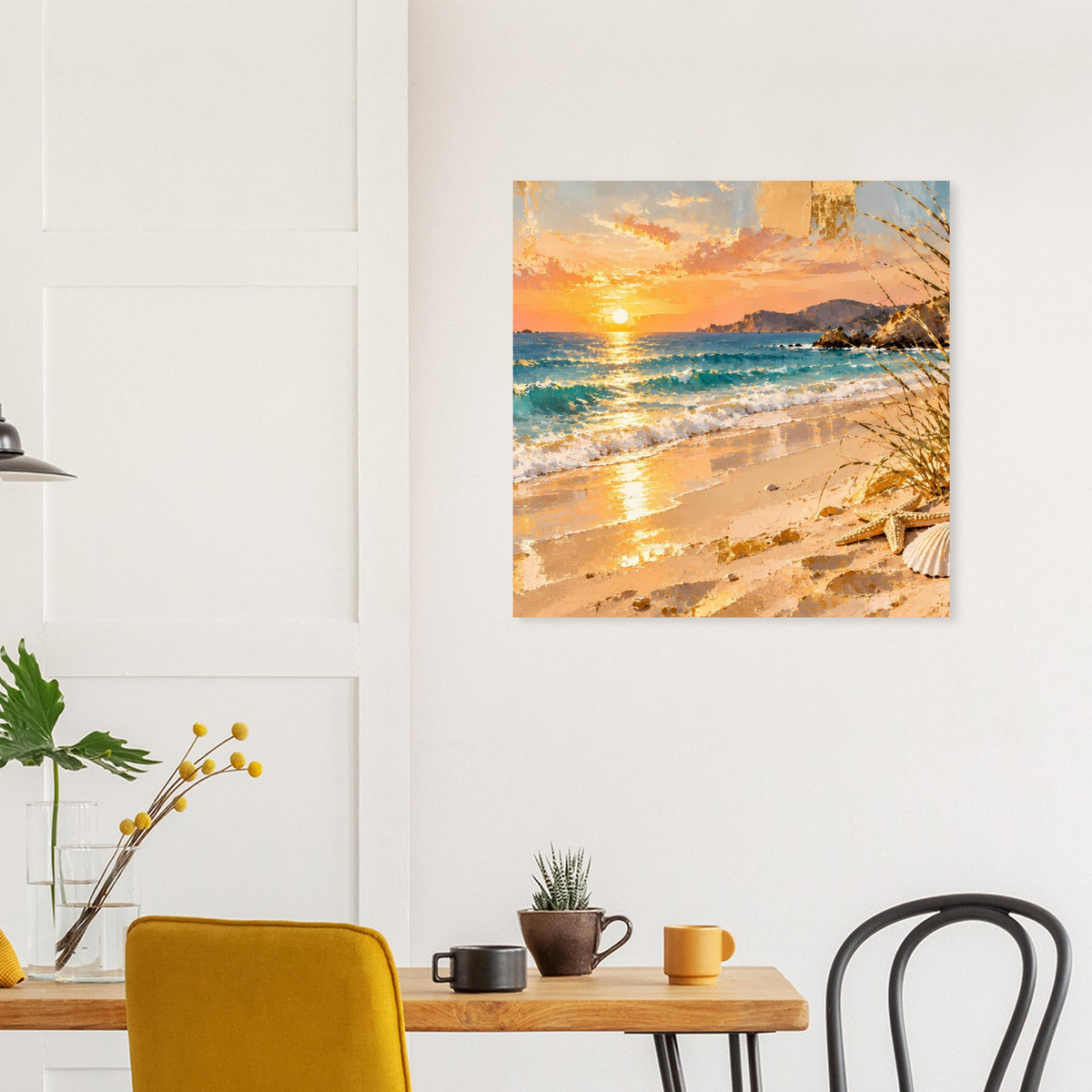 Poster mit Strand-Sonnenuntergang: Sonne, Küste und schimmernder Strand