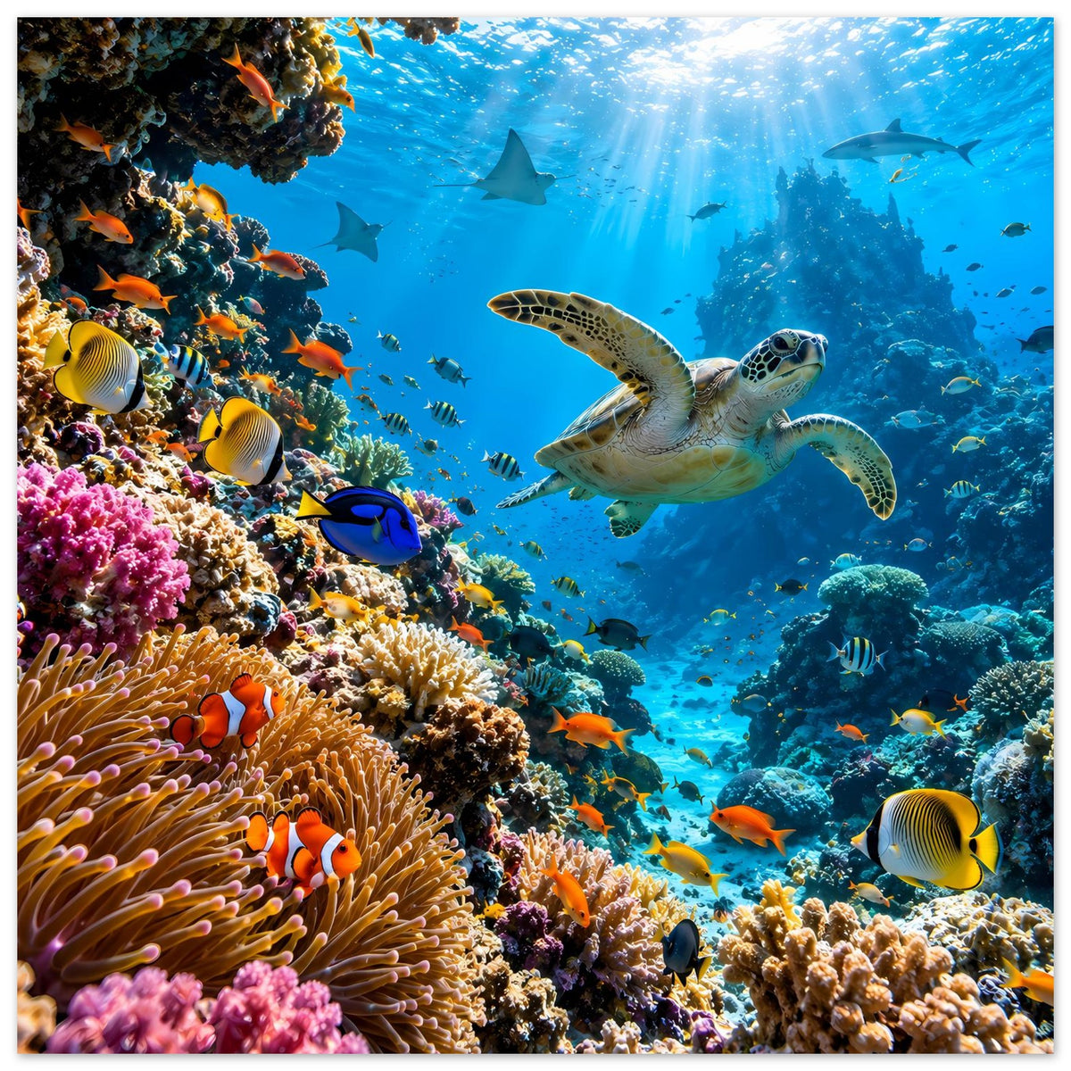 Horizontales Poster Unterwasser: Korallen und Schildkröte, gelb gestreifter Fisch im Vordergrund.