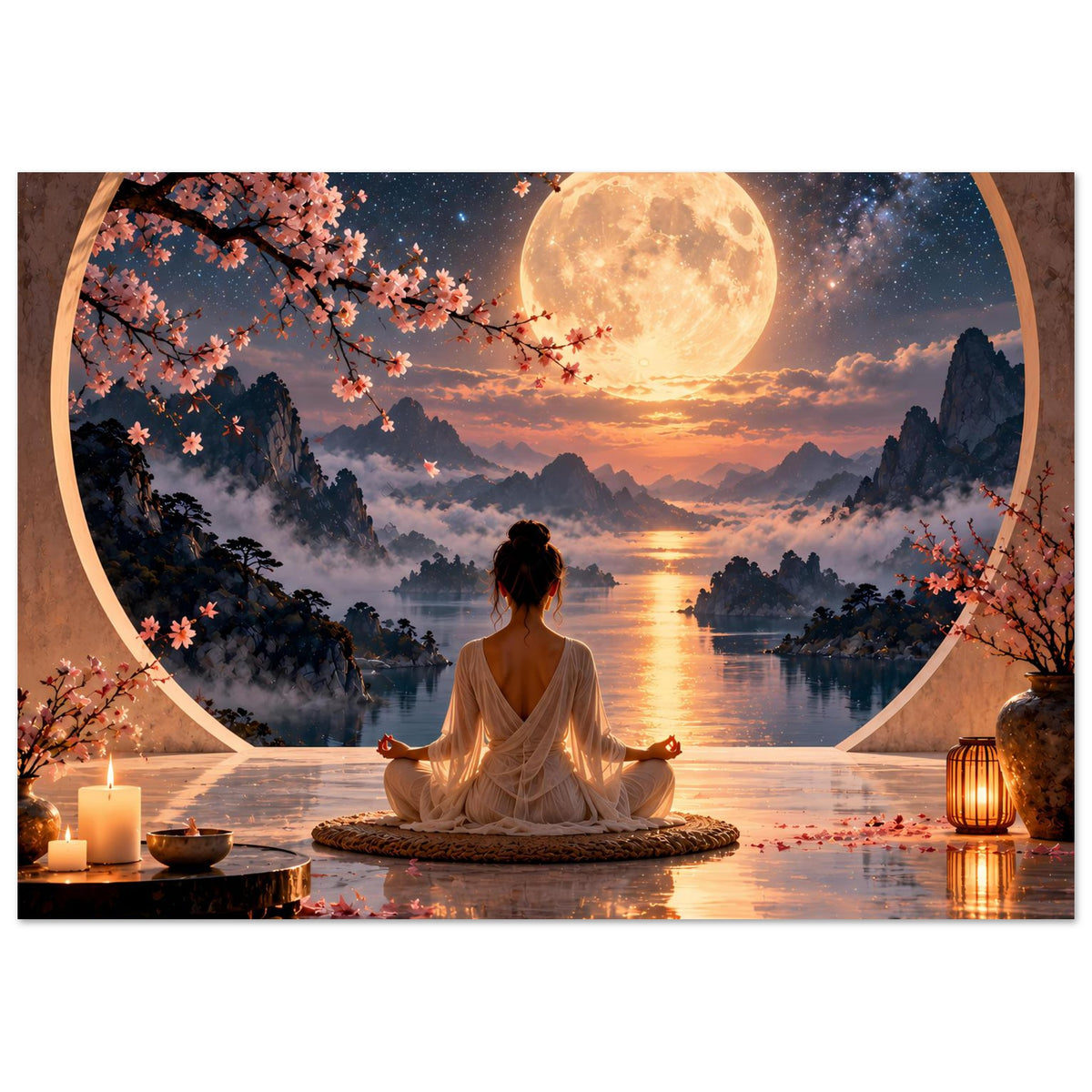 Meditationsposter mit Person im Lotussitz, Vollmond über Wasser und warmem Sonnenuntergang