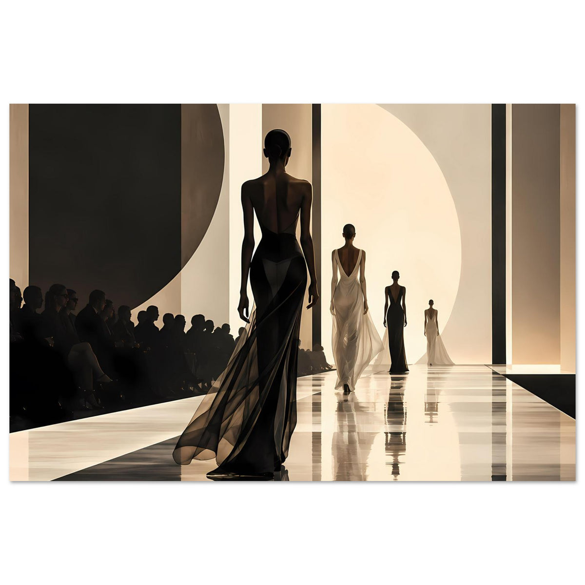 Wandposter mit Runway-Print: mehrere Model-Figuren in Schwarz und Creme, Spiegelung im Boden