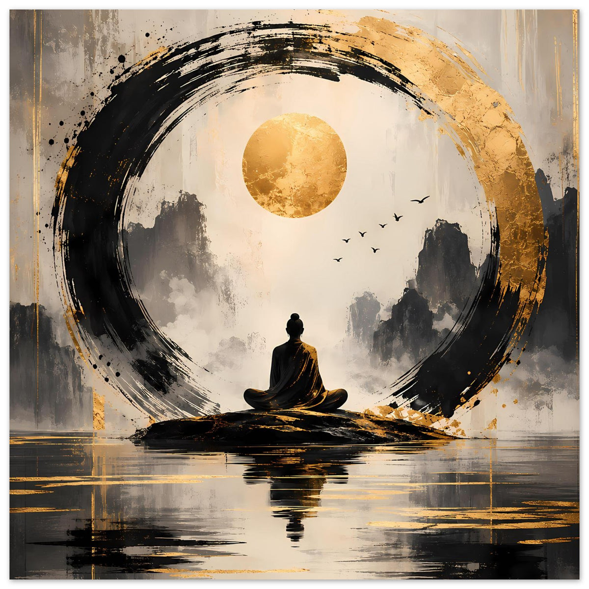 Zen-Kunstposter im Querformat: Meditationsfigur, goldene Sonne, schwarzer Kreis, ruhige Szene