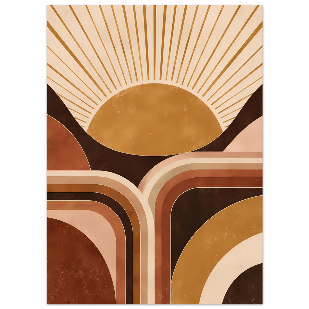 Wandposter mit geometrischem Sonnenmotiv, Strahlenmuster und geschichteten Rahmen in warmen Farben