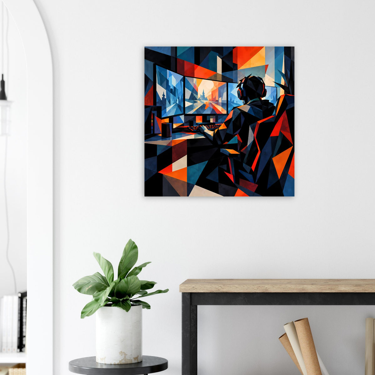 Wandposter mit geometrischem Gamer-Motiv in Blau, Schwarz und Orange