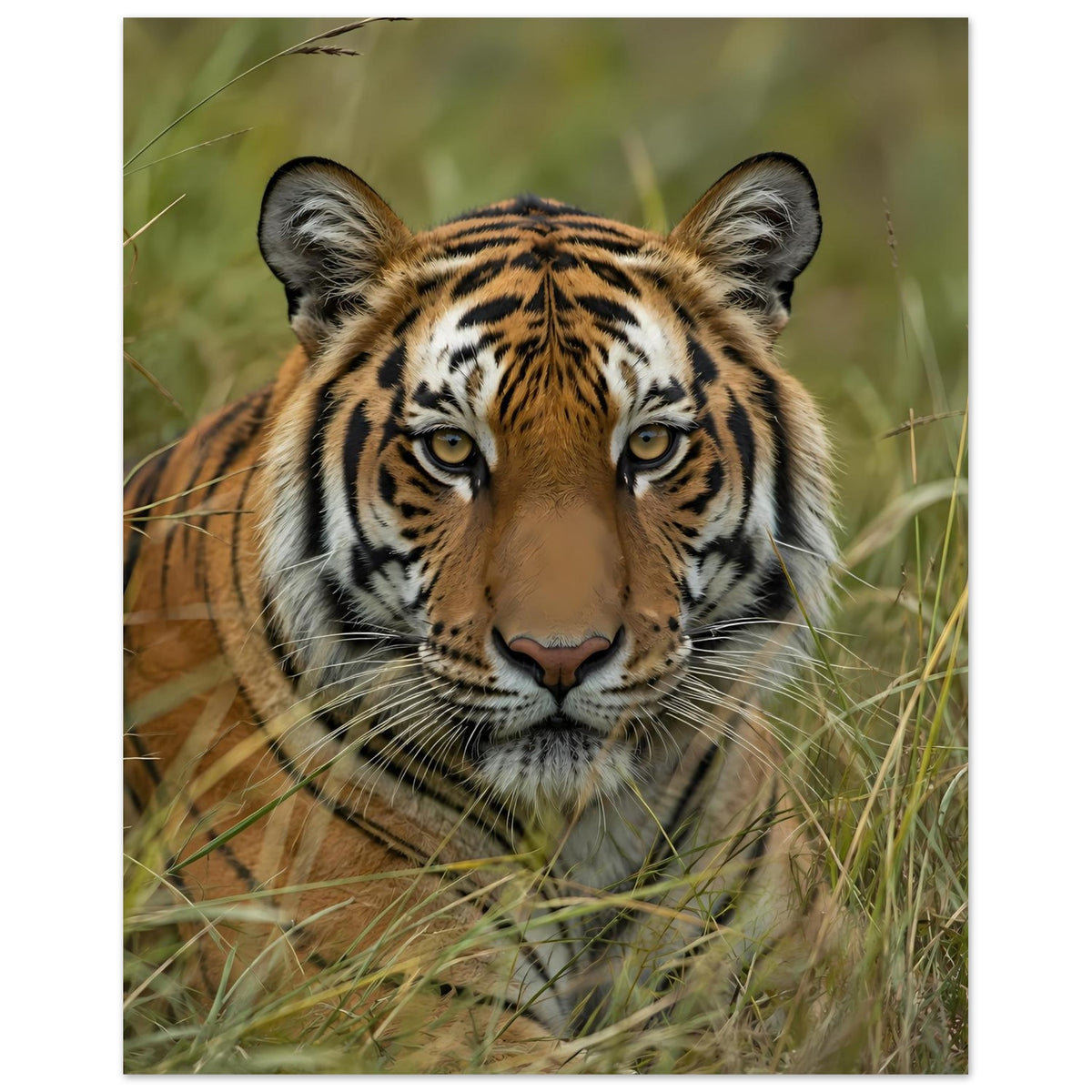 Wildtierposter eines Tigers im Gras, zentriert, kräftige Streifen und Augen detailreich
