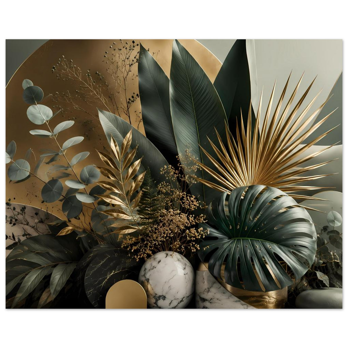 Botanisches Poster im Querformat: Tropenblätter, goldene Linien und Marmor-Details im Motiv