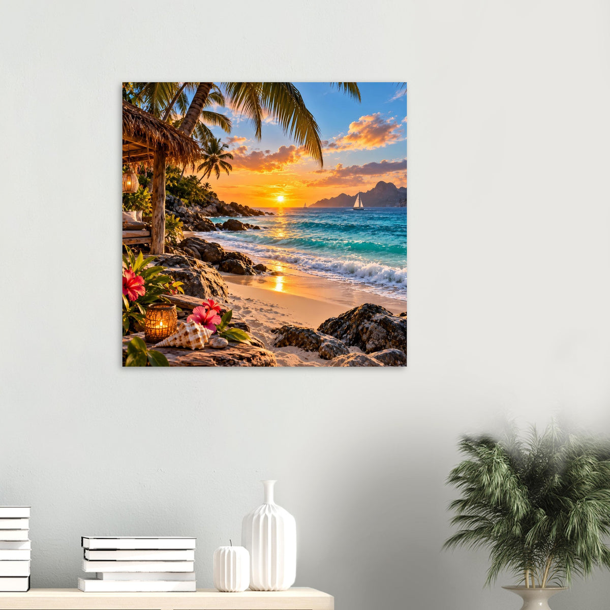 Quadratisches Poster mit tropischem Strand bei Sonnenuntergang, Palmen und Wellen