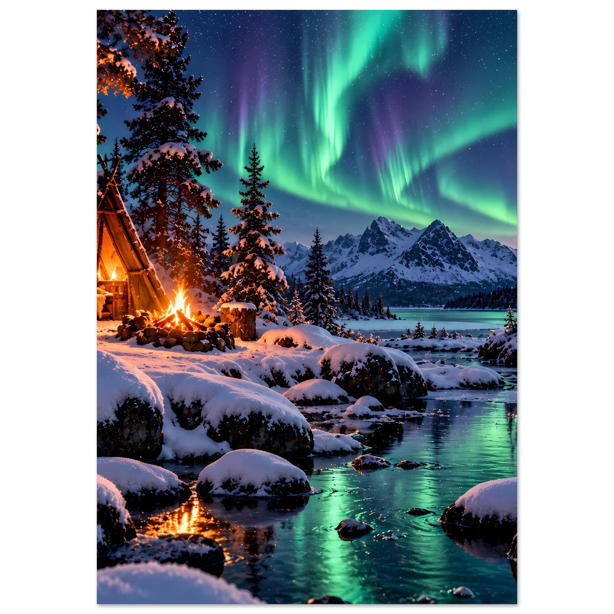 Hochformat-Poster der Winterlandschaft: Lagerfeuer, vereister See, Nordlichter am Himmel