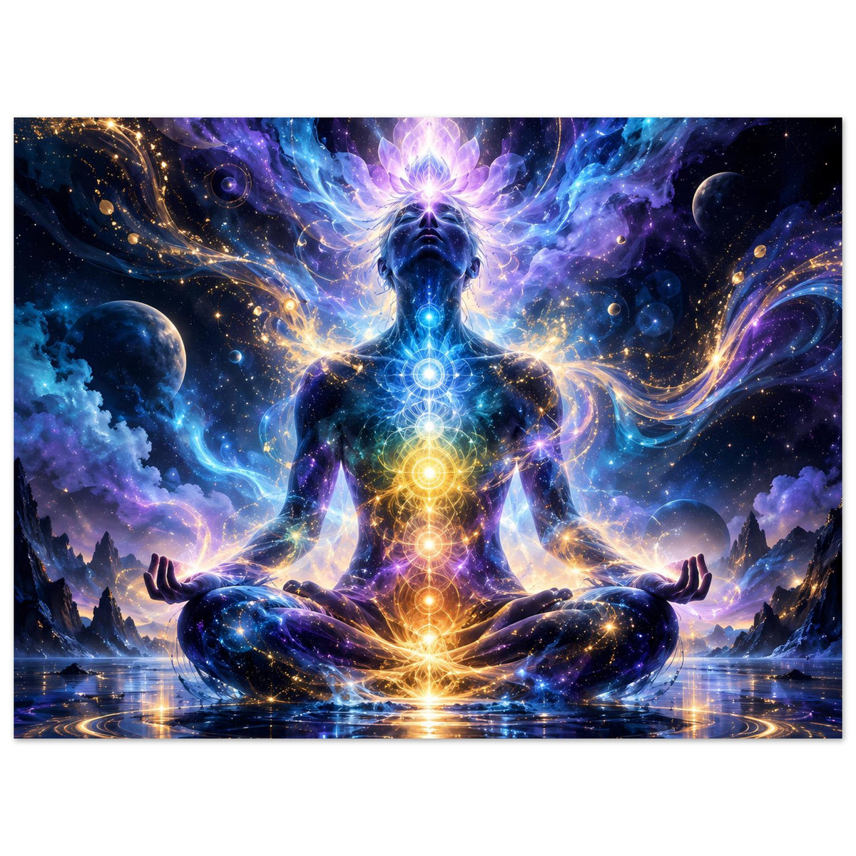 Spirituelles Poster im Querformat mit meditierender Chakra-Figur, goldene Lichter auf dem Boden
