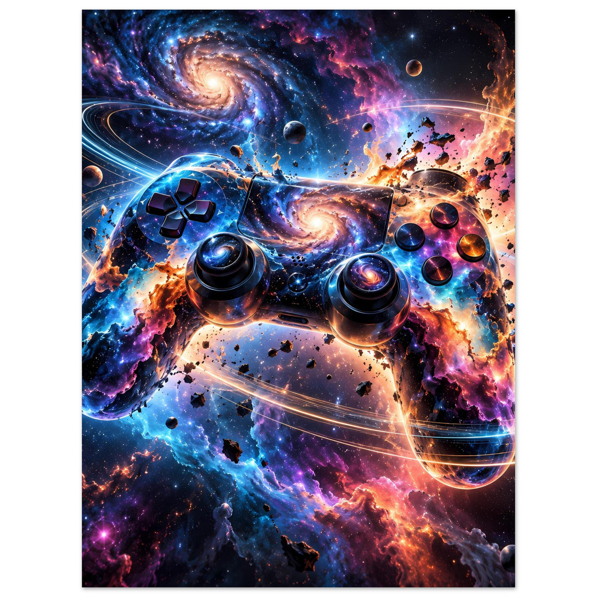Galaxy-Poster mit Gamecontroller-Motiv, Spiralen und Planeten in lila und orange