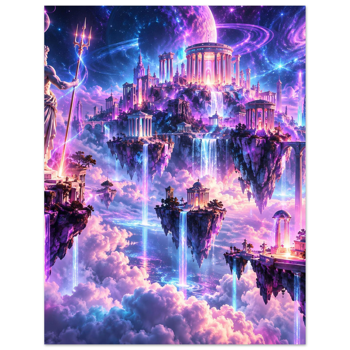 Fantasy-Poster mit Mond über schwebenden Inseln, antiken Tempeln, Wasserfällen und Statuen