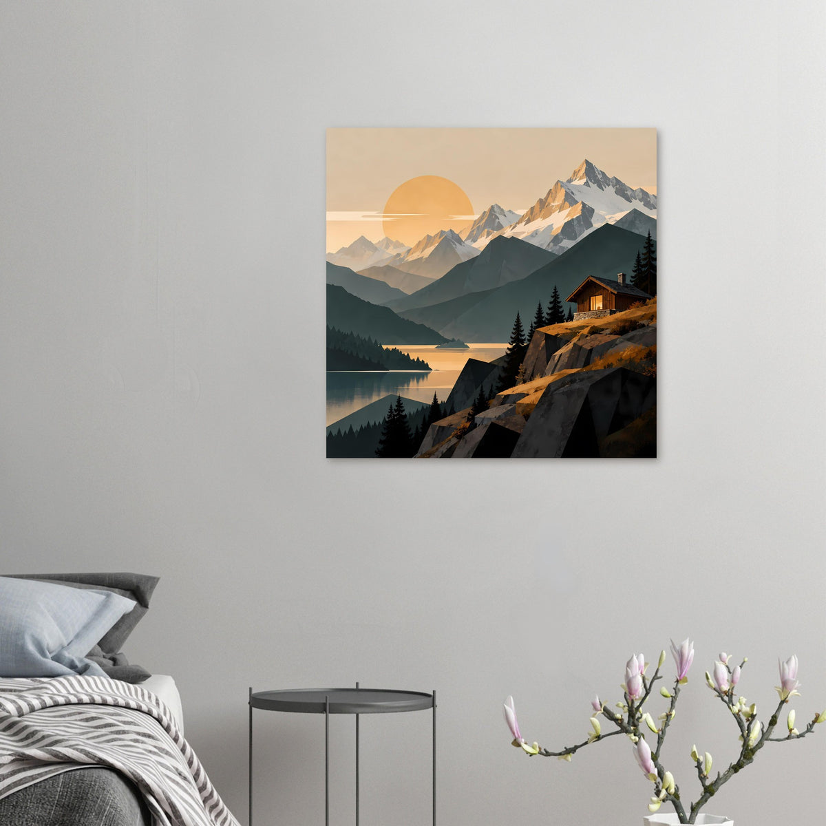 Kleines Landschaftsposter: Berge, Hütte am See und goldene Sonne im Sonnenuntergang