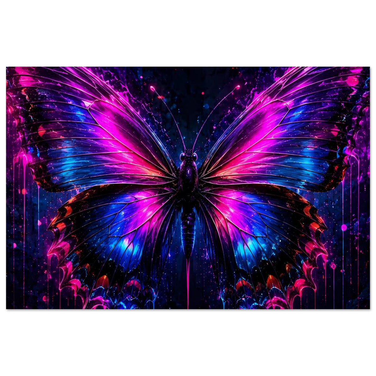 Neon-Schmetterling-Poster, horizontal: zentrale Schmetterlingsfigur mit bunten Neonflügeln