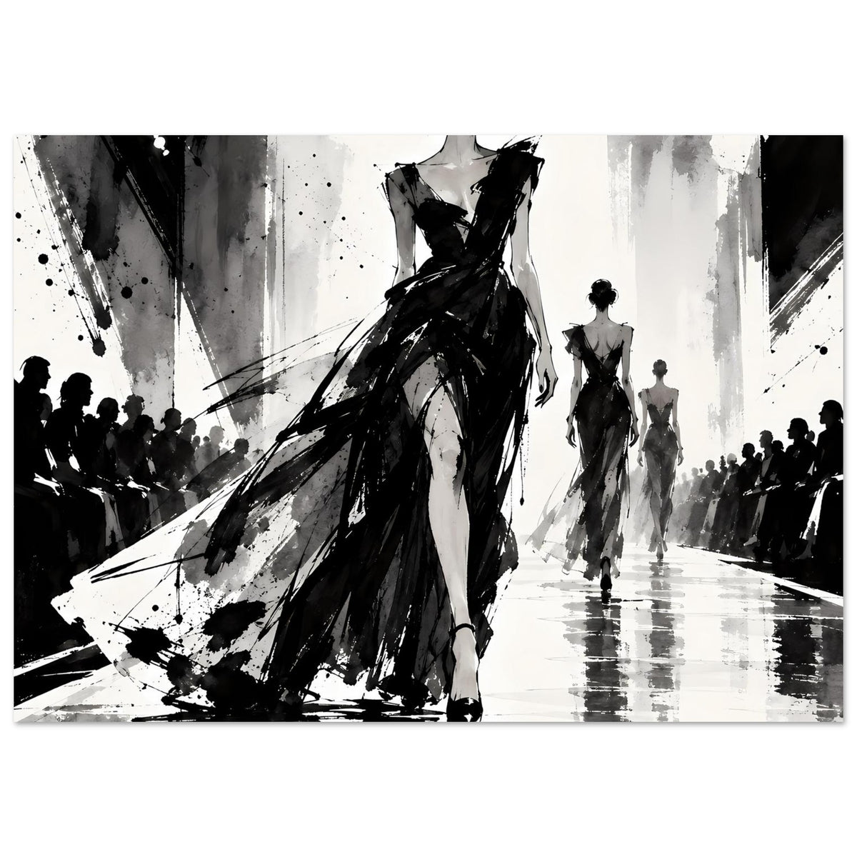 Poster mit Schwarz-Weiß-Fashion-Illustration: elegante Frau im langen Kleid, mehrere Silhouetten