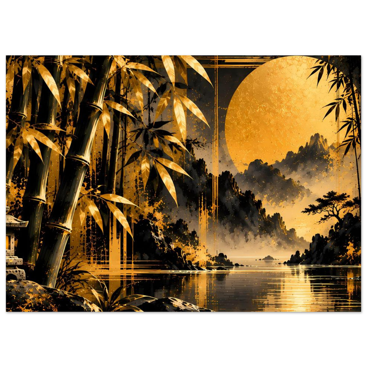 Horizontales Poster mit goldenen Bambusblättern, gelbem Sonnenkreis und ruhigem See mit Spiegelung