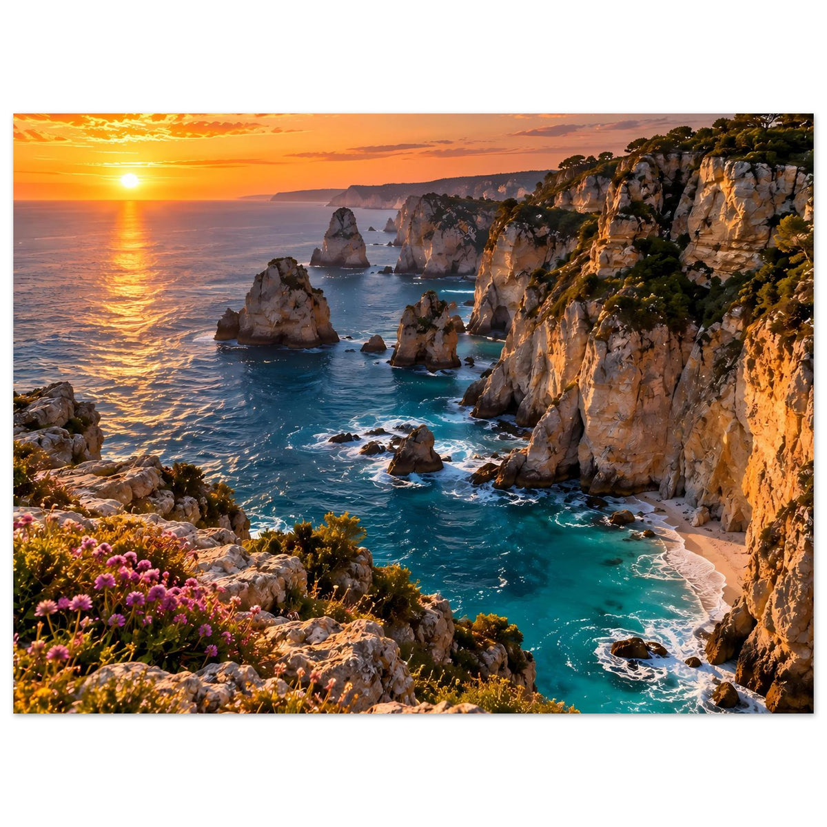 Horizontales Küstenposter mit Felsklippen, türkisfarbenen Wellen und goldenem Sonnenuntergang.