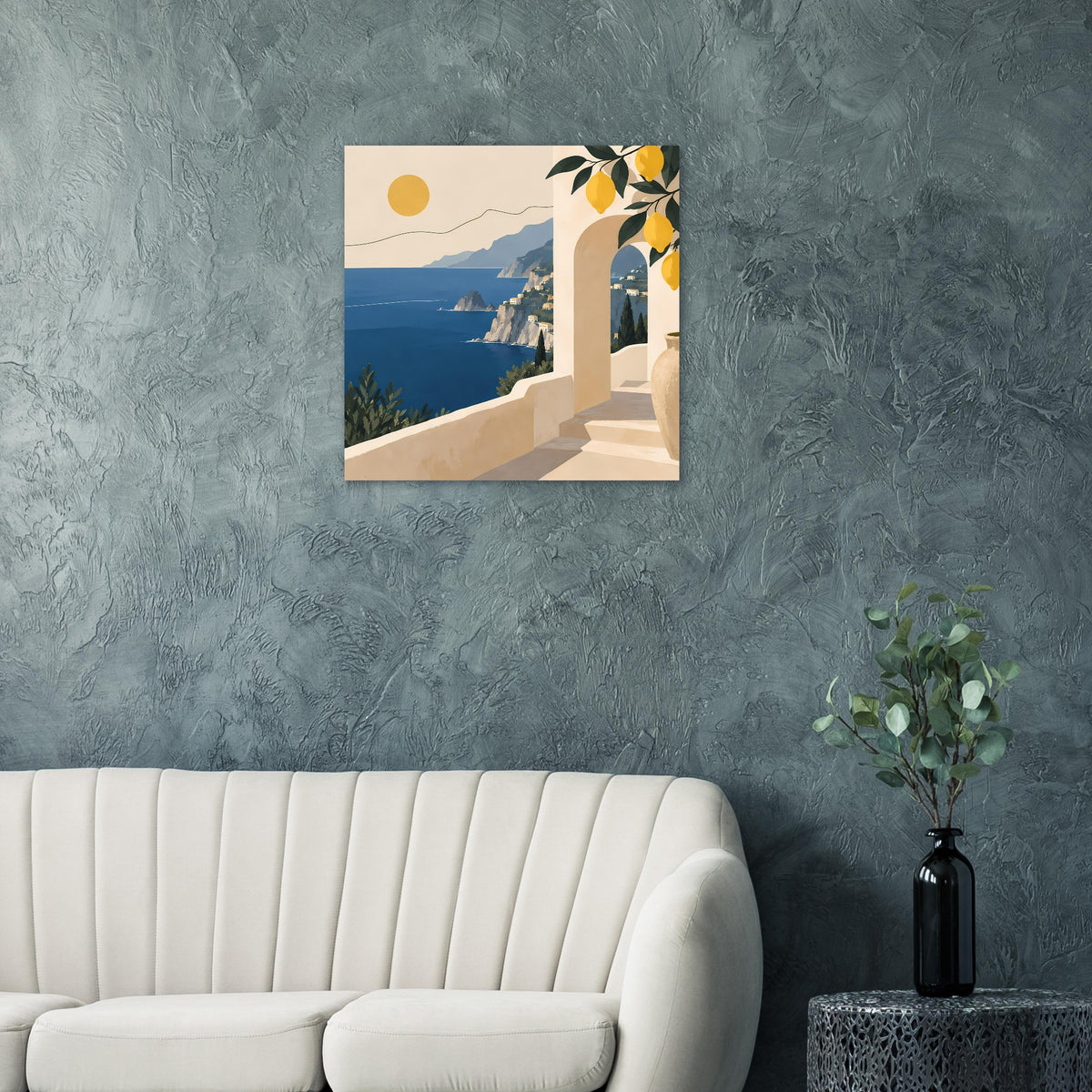 Quadratisches Küstenposter mit Blick aufs Meer, Gelbsonne und Zitronenzweigen