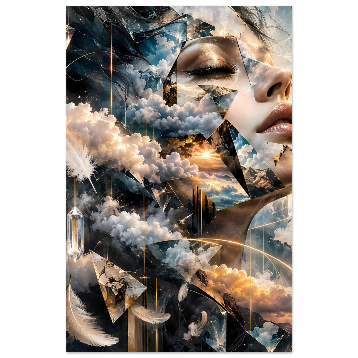 Surrealistisches Poster im Hochformat mit Frauenprofil und schwebenden Wolken
